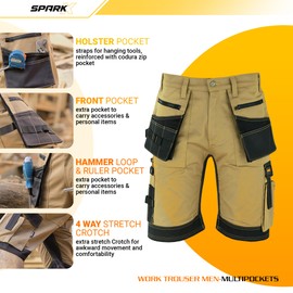 SparkX Work Shorts Men – Heavy Duty Workwear Multi Holster Pockets, Utility & Safety Combat Cargo Summer Shorts- Triple Stitched, Breathable & Anti-Odour – Black