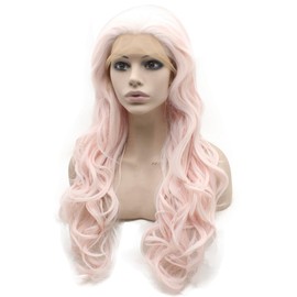 MX angel Long Wavy Light Pink Lace Front Synthetic Hair Wig Half Hand Tied Cosplay Party Wig(Light Baby Pink)