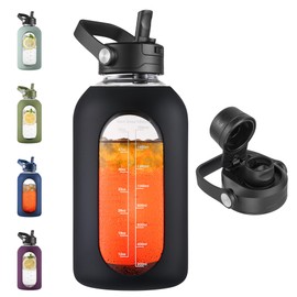 CIVAGO 64 oz Glass Water Bottle with Detachable Straw, Half Gallon Water Jug with Bucket Handle, Sports Motivational Water Bottle with Time Marker and Silicone Sleeve, Large Flask Cup for Gym, Black
