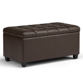Simpli Home Sienna 34 inch Wide Rectangle Lift Top Storage Ottoman Bench in Chocolate Brown Tufted Faux Leather, Footrest Stool, Coffee Table for the Living Room, Bedroom and Kids Room, Traditional