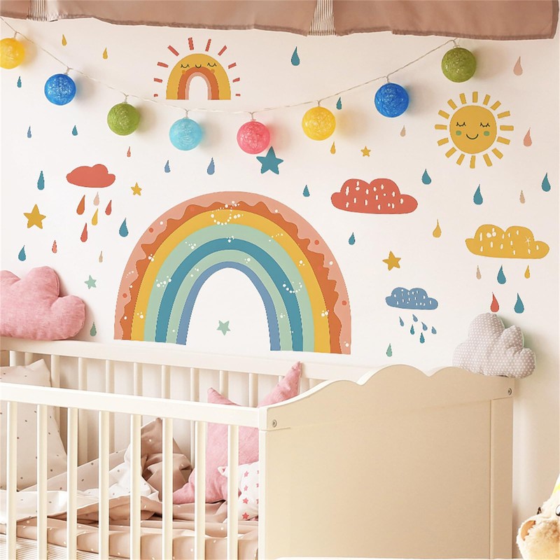SMAOSTORE Wall Sticker, Rainbow, Cloud, Sun, Stylish, Rainbow, Rainy Season,