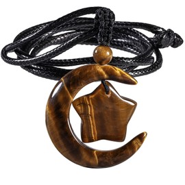 Nupuyai Crescent Moon Star Necklace for Men Women, Healing Stone Pendant Necklace for Unisex with Adjustable Rope, Tiger's Eye Stone