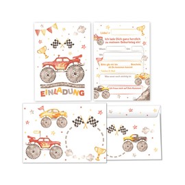 12 Invitation Cards for Children's Birthday Boys Monster Truck Car Including 12 Envelopes, 12 Party Bags/Petrol, 12 Stickers, 12 Bookmarks Invitation Set