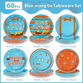Grencian 60Pcs Blue and Orange Tie Paper Plates 9" Disposable Heavy Duty English Teacher Dessert Paper Plates Cartoon Birthday Party Tableware Set for Kids Birthday Baby shower Party Decorations