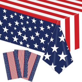 3 Pieces Patriotic Stars and Stripes Tablecloth - 54x108" Disposable Red White Blue American Flag Plastic Table Cover for 4th of July, Memorial Day, Veterans Day and USA-Themed Party Decorations