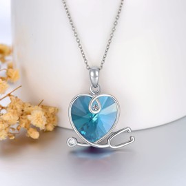 SLIACETE 925 Sterling Silver Stethoscope Necklace for Women with Austrian Crystal Jewelry Gifts for Nurses Doctors, March