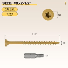 METALLIXITY Deck Screws (#9x2-1/2") 100Pcs, Carbon Steel Wood Screw Decking Screws with T25 Torx Drive Head - for Wood Fence, Table, Tan