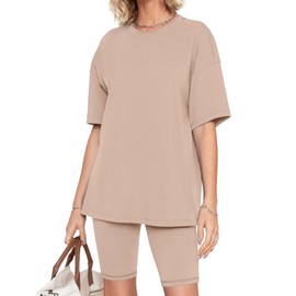 Simplee Two Piece Sets For Women Summer Maternity Matching Casual Short Sets Lounge Travel Outfits Workout Biker Tracksuits(Khaki,Large)