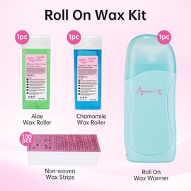 Beauty7 Roll on Wax Kit with Aloe Vera + Chamomile Wax Cartridges, 100pcs Non-Woven Wax Strips for Hair Removal, Roller Waxing Kit, Portable Warmer Thermostable Wax Depilatory Wax Kits
