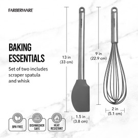 Farberware Professional 2 Piece Baking Set with Stainless Steel Wire Whisk and Stanless Steel Handle, Grey Silicone Head Spatulas For Beating, Blending, Mixing, and Scraping