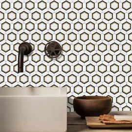 STICKGOO 10 Sheets Peel and Stick Backsplash for Kitchen, White Marble Mixed Metal Gold PVC Tiles Stick on Backsplash Mosaic Tile for Fireplace, RV