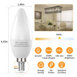 Ocixhbe E12 LED Candelabra Bulbs 60W Equivalent, 4000k Natural Daylight White, 6W B11 Candle Base Filament Vintage Light Bulbs, Non-Dimmable, Pack of 12