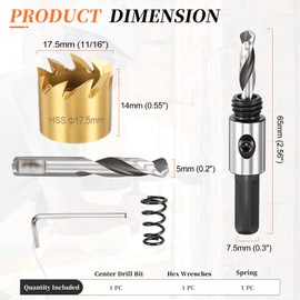 METALLIXITY Hole Saw Kit 17.5mm (11/16"), 4341 High Speed Steel Hole Cutter with Center Drill Bit, Hex Key and Spring - for Soft Metal, Wood, Plastic, Plasterboard, PVC Boards. Gold