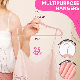 Amiff Rose Thin Velvet Hangers. Pack of 25 Velvet Clothes Hangers Non Slip with 360° Rotating Chrome Hook, Notched Shoulders. Sturdy Velvet Non Slip Hangers. Portable Velvet Coat Hangers