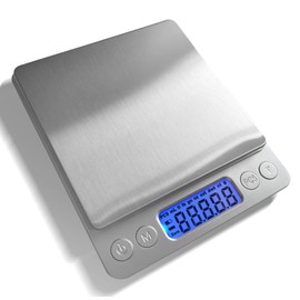 JOEAA Food Scale Digital Weight Grams and Ounces, 0.001oz/0.01g 500g Kitchen Scale for Food with Backlight LCD Display, Tare, 9 Units, Auto Off, 2 Trays, Batteries Included - Stainless Steel