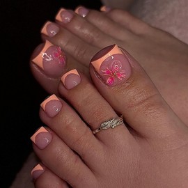 Orange French Tips Press on Toenails Short Square Glue on Toenails with Rhinestone Flower Charm Design Glossy Skintones False Toenails Summer Fake Toenails Full Cover Toenails for Women Manicure 24Pcs