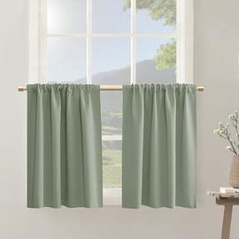 Juego de cortinas de color verde salvia de 36 pulgadas de longitud para baño, ventanas pequeñas, 2 paneles de bolsillo para barra, aislamiento térmico, bloqueo de luz, cortina de ducha corta, bohemia