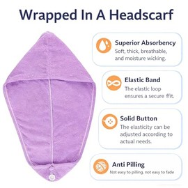1 Pack of Microfiber Hair Towel Wrap | Super Absorbent Quick-Drying Hair Scarf, with Safety Button Closure, Soft and Durable, Suitable for Women of all Hair Types-Purple