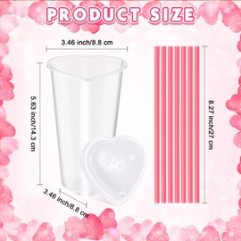 Potchen 60 Set Heart Shaped Plastic Cups with Straws 16 oz Disposable Cups with Lid and Straws for Valentines Birthday Wedding Anniversary Party Supplies