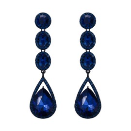 Flyonce Women's Rhinestone Crystal Wedding Fashion Long Teardrop Dangle Chandelier Earrings Navy Blue Black-Tone