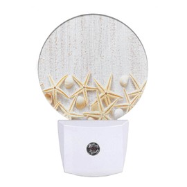 EKOBLA Summer Night Light Sea Shells on White Wood Plank Coastal Night Lights Plug into Wall for Home Bedroom Bathroom Farmhouse Rustic Decorations, 0.5W Nightlight Sleep Friendly