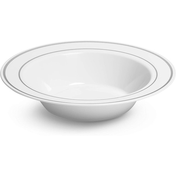 Silver Rimmed White Bowls - 12 ounce - 50 Count - Hard Plastic - Disposable or Reusable - Dessert Bowls - Salad Bowls- Cereal Bowls -Pasta Bowls-Ideal for all Events