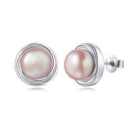 YAMI Purple Pearl Stud Earrings for Women, 925 Sterling Silver Pearl Studs Earrings, 8-8.5MM Cultured Freshwater Pearl, Hypoallergenic for Sensitive Ears, Mother Day Jewelry Gift