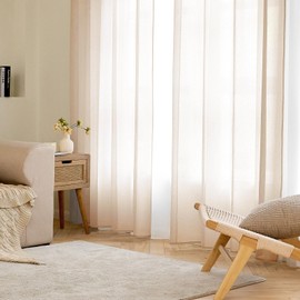 EMEMA Set of 2 Sheer Voile Curtains with Eyelets Transparent Voile Polyester Eyelet Curtain Transparent Living Room Airy Decorative Curtain for Bedroom 140 x 245 cm (W x H) Beige