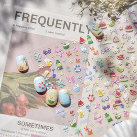 Summer Nail Art Stickers Watermelon Ice Cream Nail Decals Beach Nail Stickers 5D Embossed Self Adhesive Nails Charms for Women Girls Kid Manicure Cute Sweet DIY Decoration 2Pcs