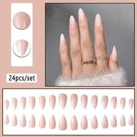 Clataly Pack of 24 White Star Ripple Nails False Acrylic Print on Nails Funny Nude Pink False Nails Full Cover Nails for Women and Girls (B)