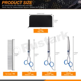Rustark 4Pcs Professional Dog Grooming Scissors Kit Dog Cat Hair Thinning Trimming Cutting Shears, Comb and Curved Scissors Pet Grooming Scissors Set for DIY Home Salon