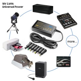KFD 18V Universal AC Power Charger DC 2.69A (2.5A/2A/1.5A/1A Compatible) Barrel DC Plug 5.5x2.1mm with 7 Tips 6.5x4.4mm/ 5.5x3.0mm/ 5.5x2.5mm/ 4.8x1.7mm/ 4.0x1.7mm/ 3.5x1.35mm/ 2.5x0.7mm Power Supply
