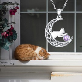 LONAGO Cat Necklace 925 Sterling Silver Birthstone with Cat in Moon Pendant Necklace Jewellery for Women, Sterling Silver, Cubic Zirconia