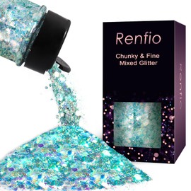 Renfio Opal Chunky Glitter, 1.75oz/50g Blue Glitter, Dreamy High Sparkle Glitter for Crafts Holographic Fine Glitter Mix Iridescent Glitters Flake for Resin Nails Art Hair DIY Snow Globe - Azure Sky