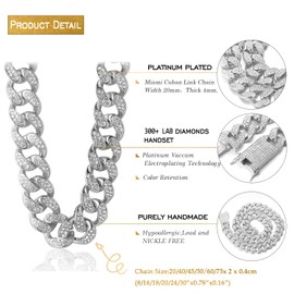 Halukakah Men's Gold Chain Iced Out, 20 mm Men's Cuban Chain Miami 18 Carat Real Gold-Plated / Platinum Plated White Gold Collar Necklace Bracelet, Full CZ Diamond Prong Set, Gift for Him, Metal, No