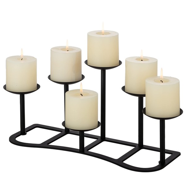 LANLONG Candelabra Pillar Candle Holders Fireplace Matte Black Metal Candleholder with 6 Candle Stands Mantel Floor Table Centerpiece