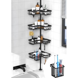 KEGII Corner Shower Caddy Tension Pole, Bathroom Shower Organizer with Toothbrush Holder, No Drilling Bathtub Shelf for Inside Shower, Rustproof Bathroom Tub Organizer, Fits 25-114.2 Inch Height