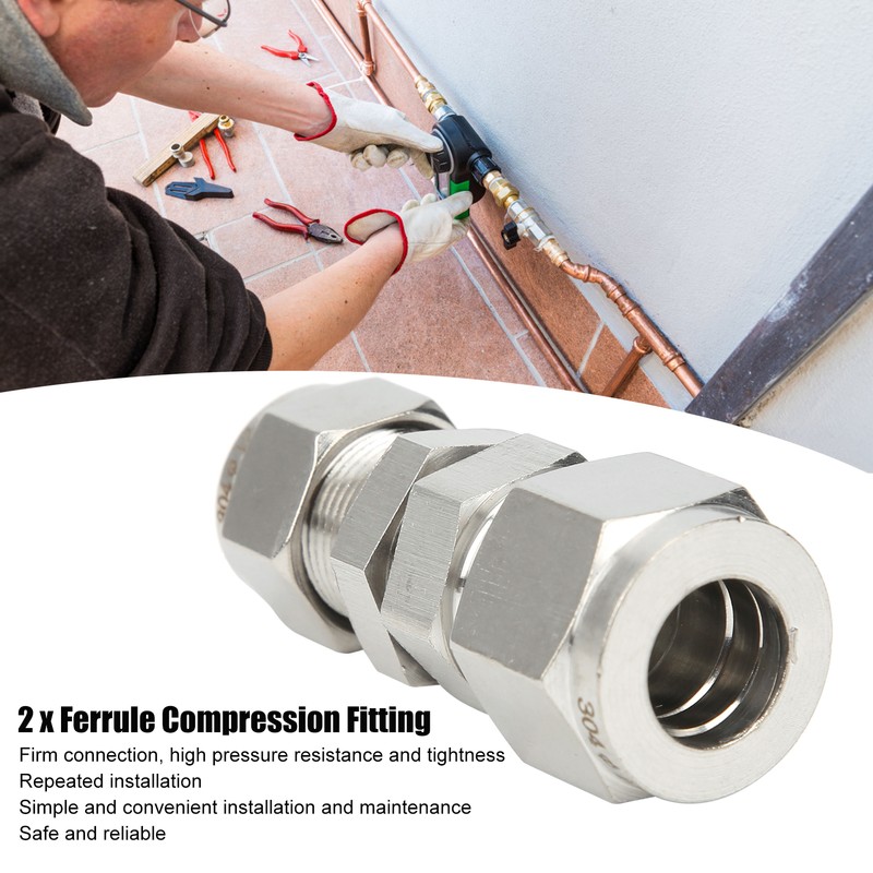 2Pcs Ferrule Compression Fitting Bulkhead Connector 2‑Touch Straight 304 Stainless