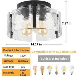 MIAYBPH Black Semi Flush Mount Ceiling Light Fixture, 14-Inch Glass Drum Flush Mount Light Farmhouse Modern Lights Kitchen Lighting Fixtures for Foyer Entryway Hallway Laundry Room Bedroom Bathroom