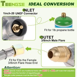 TEENGSE Propane Regulator Valve used for 1lb Disposal Bottles, with 1"-20UNEF Female Throwaway Cylinder Thread Inlet & 3/8" Male Flare (5/8"-18UNF) Fitting Outlet, Low Pressure Regulator Unadjustable