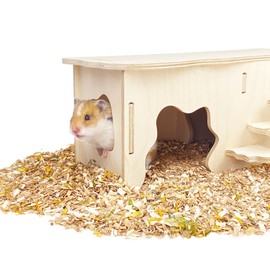 Hamster Wooden House with Steps & Multi-Chamber Hideout, Natural Chew Toy for Syrian Mice, Gerbils, Dwarf Hamsters, Small Animal Cage Accessories