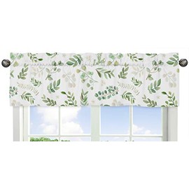 Sweet Jojo Designs Floral Leaf Window Treatment Valance - Green and White Boho Watercolor Botanical Woodland Tropical Garden