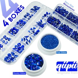 4 Boxes Blue Nail Rhinestones Glitters Kit, 24 Shapes K9 Glass Royal Blue Gems Flatback Round Gems Stones Diamonds Crystals Sapphire Nail Art Supplies Nail Charms for Acrylic Nails Faces Body Crafts