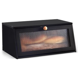 Famyards Farmhouse Bread Box for Kitchen Countertop, Modern Bamboo Large Capacity Bread Storage Container, Breadbox Organizer with Window for Kitchen Counter, Cabinet and Pantry (Black, Trapezoidal)