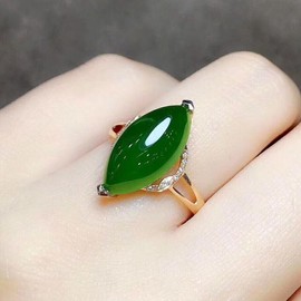 14k Classic Jade Green Olive Shaped and Tian Jasper Green Chalcedony Temperament Open Ring Wedding Jewelry Valentine Birthday Gift for Women