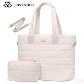 LOVEVOOK Mothers' Day 15.6'' and 17.3'' Laptop Tote Puffer Bag for Women, Spring Glow Up Large Puffy Shoulder Bag for Work, Lightweight Quilted Travel Tote Bags for College, Work, and Everyday Use, Nylon Crossbody Bag with Clutch Purse.:_Taupe_M