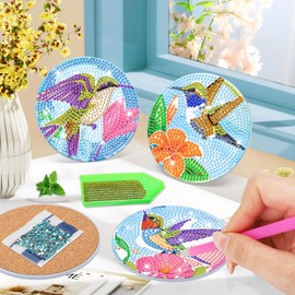 Lxmsja Pack of 8 Diamond Painting Coasters with Holder, Diamond Painting Birds Adults, Diamond Cup Coasters with Cork, Diamond Painting Pictures, Crafts, Adults, Women, Table Decoration
