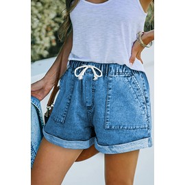 NEYOUQE Loose Fitness Womens Drawstring Walking Shorts Jeans with Pockets Stretch high Waisted Vintage Clothes Shorts for Women high Rise Ripped mom Jeans Comfy Pants Women Work Pants Blue Sky L