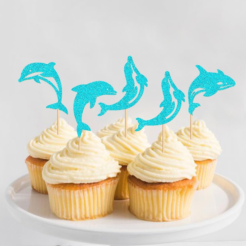 Blumomon Pack of 24 Ocean Glitter Dolphin Cupcake Toppers Baby