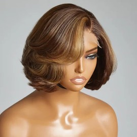 13x6 Body Wave Highlights 4T27 Short Bob Human Hair Wig HD Transparent Lace Front Wig Brazilian Hair honey blonde 4/27 Color 150% Density Short wig Wave Pre Plucked With Baby Hair Women